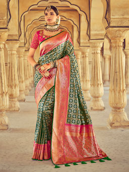 Odette - Green Pure Silk Woven Design Saree with Unstitched Blouse with Unstitched