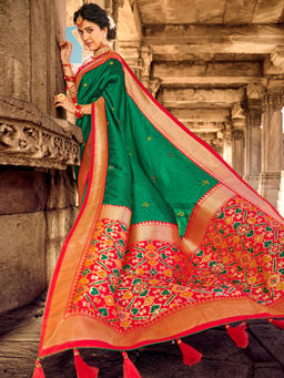 Odette - Green Silk Embroidered Saree with Unstitched Blouse with Unstitched