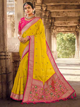 Odette - Yellow Silk Embroidered Saree with Unstitched Blouse with Unstitched