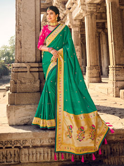 Odette - Green Silk Embroidered Saree with Unstitched Blouse with Unstitched