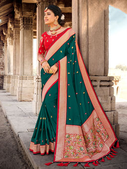 Odette - Green Silk Embroidered Saree with Unstitched Blouse with Unstitched