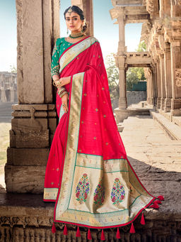 Odette - Red Silk Embroidered Saree with Unstitched Blouse with Unstitched