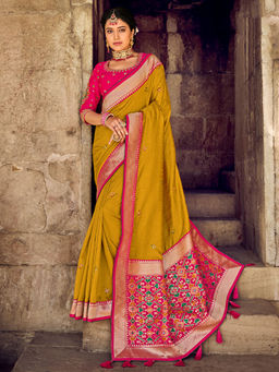 Odette - Mustard Silk Embroidered Saree with Unstitched Blouse with Unstitched