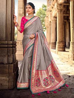 Odette - Grey Silk Embroidered Saree with Unstitched Blouse with Unstitched