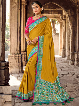 Odette - Mustard Silk Embroidered Saree with Unstitched Blouse with Unstitched