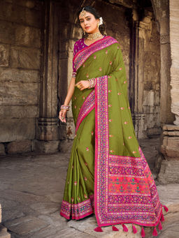 Odette - Green Silk Embroidered Saree with Unstitched Blouse with Unstitched
