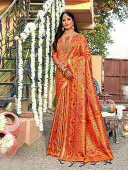 Odette - Orange Pure Banarasi Silk Woven Design Saree with Unstitched Blouse with Unstitched