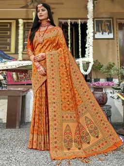 Odette - Orange Pure Banarasi Silk Woven Design Saree with Unstitched Blouse with Unstitched