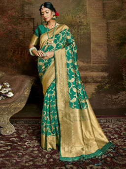 Odette - Teal Banarasi Silk Woven Design Saree with Unstitched Blouse with Unstitched