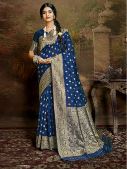 Odette - Blue Banarasi Silk Woven Design Saree with Unstitched Blouse with Unstitched
