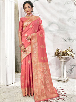 Odette - Peach Banarasi Silk Woven Design Saree with Unstitched Blouse with Unstitched