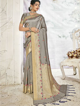 Odette - Grey Banarasi Silk Woven Design Saree with Unstitched Blouse with Unstitched