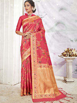 Odette - Pink Banarasi Silk Woven Design Saree with Unstitched Blouse with Unstitched