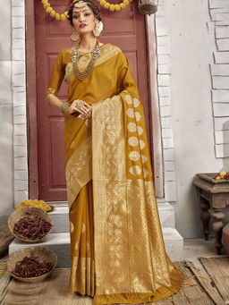 Odette - Mustard Banarasi Silk Woven Design Saree with Unstitched Blouse with Unstitched