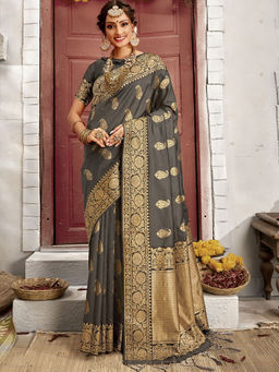 Odette - Grey Banarasi Silk Woven Design Saree with Unstitched Blouse with Unstitched