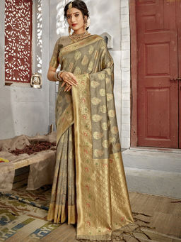 Odette - Grey Banarasi Silk Woven Design Saree with Unstitched Blouse with Unstitched