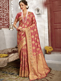 Odette - Maroon Banarasi Silk Woven Design Saree with Unstitched Blouse with Unstitched