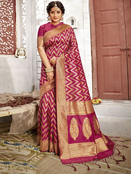 Odette - Hot Pink Banarasi Silk Woven Design Saree with Unstitched Blouse with Unstitched