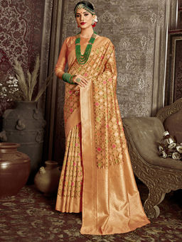 Odette - Gold Banarasi Silk Woven Design Saree with Unstitched Blouse with Unstitched