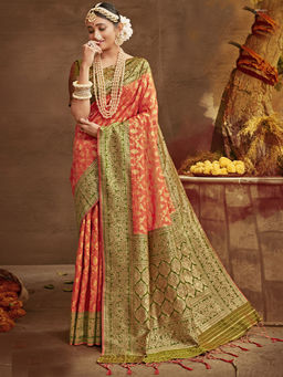 Odette - Orange Banarasi Silk Woven Design Saree with Unstitched Blouse with Unstitched