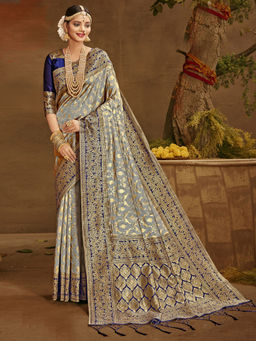 Odette - Grey Banarasi Silk Woven Design Saree with Unstitched Blouse with Unstitched