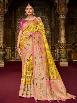 Odette - Yellow Silk Blend Printed Saree with Unstitched Blouse with Unstitched