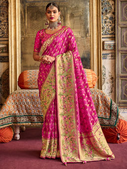 Odette - Pink Silk Blend Printed Saree with Unstitched Blouse with Unstitched