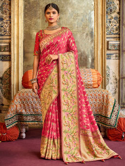 Odette - Pink Silk Blend Printed Saree with Unstitched Blouse with Unstitched