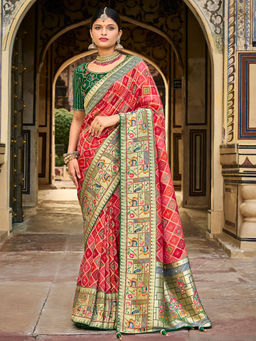 Odette - Red Silk Blend Printed Saree with Unstitched Blouse with Unstitched