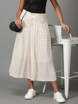 SHOWOFFFF - Women's High-rise Cream Checked Flared Culottes Trouser