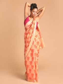 Indethnic - Peach Floral Cotton Blend Saree with Unstitched Blouse