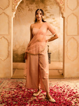 Bani Women - Pink V-Neck Lace Detail Crop Top with Palazzo and Dupatta (Set of 3)