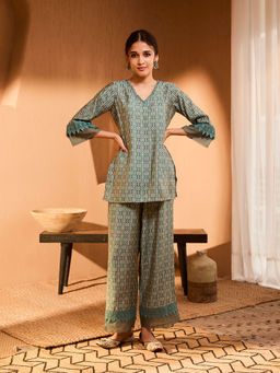 Bani Women - V-Neck Modal Chanderi Printed Sleeve and Neck Detailing Co-Ord (Set of 2)