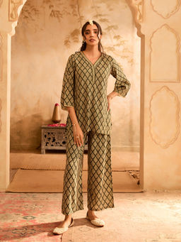 Bani Women - Modal Chanderi Olive Green Geometric Co-Ord (Set of 2)