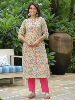 ARAMYA - Soft Cotton Straight Floral Print Kurta with Pant (Set of 2)