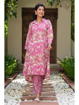 ARAMYA - Soft Cotton High Low Foliage Print Kurta with Pant (Set of 2)