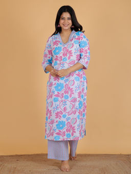 ARAMYA - Soft Cotton Straight Floral Print Kurta with Palazzo (Set of 2)
