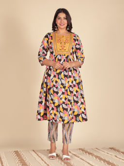 ARAMYA - Soft Cotton Panelled Anarkali Floral Print Kurta with Pant (Set of 2)
