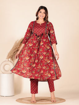 ARAMYA - Soft Cotton A-Line Floral Print Kurta with Pant (Set of 2)