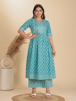 ARAMYA - Soft Cotton A-Line Anarkali Block Print Kurta with Palazzo (Set of 2)