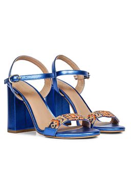 Saint G - Sierra Hand Embroidered Navy Blue Metallic Leather Block Heels