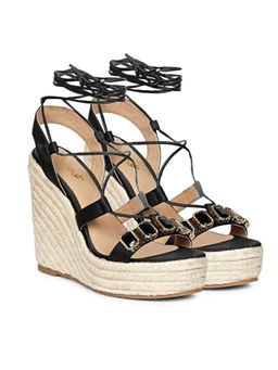 Saint G - Darina Stone Embellished Lace Up Leather Black Wedges