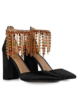 Saint G - Fayette Gold Chain Embellished Black Leather Block Heels