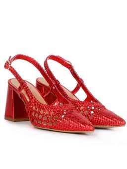 Saint G - Fabienne Red Metallic Hand Woven Leather Block Heels