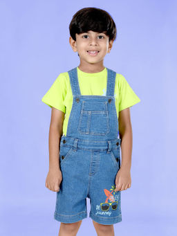 KiddoPanti - Boys Blue Printed Denim Dungaree