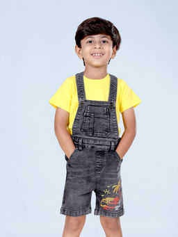 KiddoPanti - Boys Grey Printed Denim Dungaree