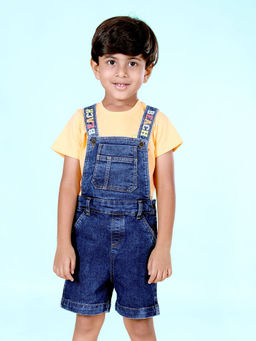 KiddoPanti - Boys Navy Blue Printed Denim Dungaree