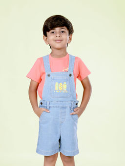 KiddoPanti - Boys Light Blue Printed Denim Dungaree