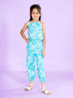 KiddoPanti - Girls Blue Sleeveless Leaves Printed Halter Neck Tie Up Jumpsuit