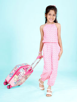 KiddoPanti - Girls Pink Sleeveless Hearts Printed Halter Neck Tie Up Jumpsuit